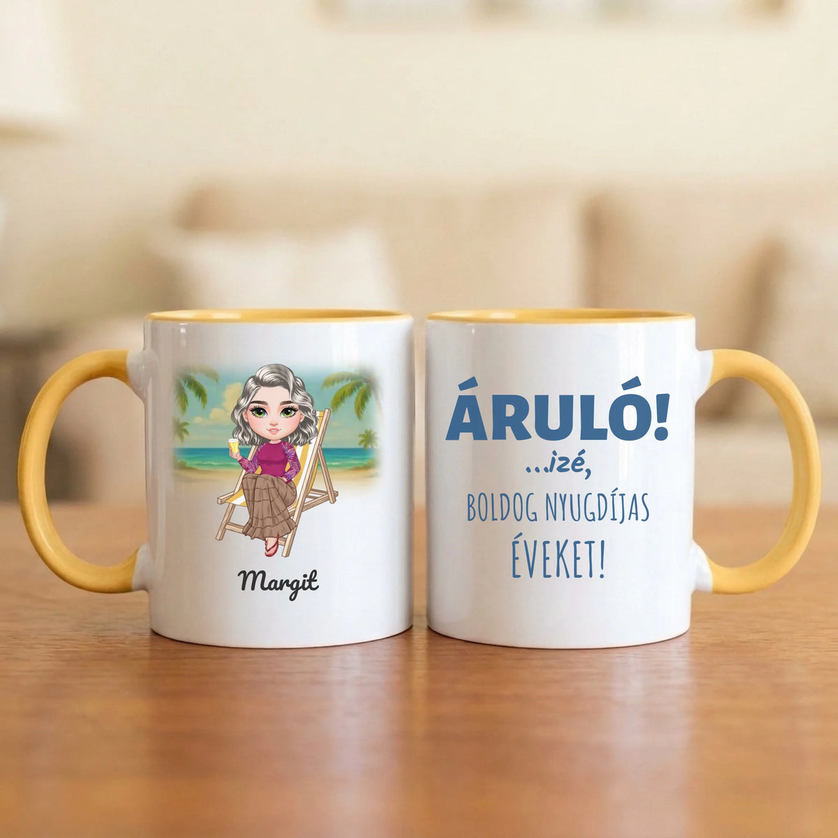 Áruló! …izé, boldog nyugdíjas éveket – vicces nyugdíjas bögre figurával és névvel