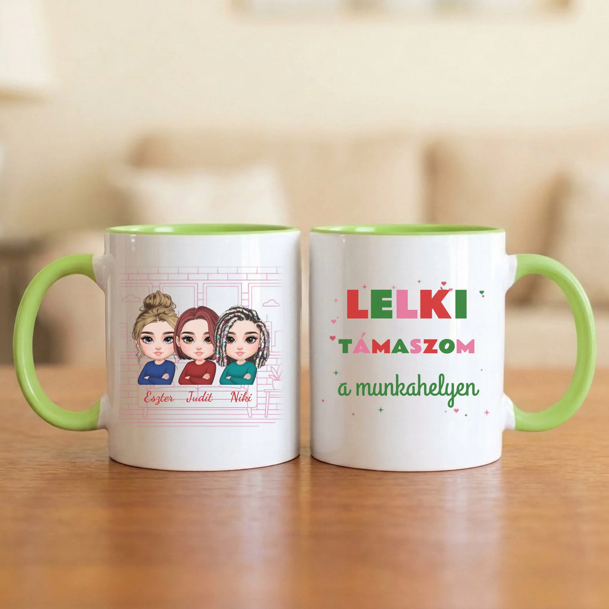 Lelki támaszom a munkahelyen – kolléganős bögre 2–5 figurával és nevekkel