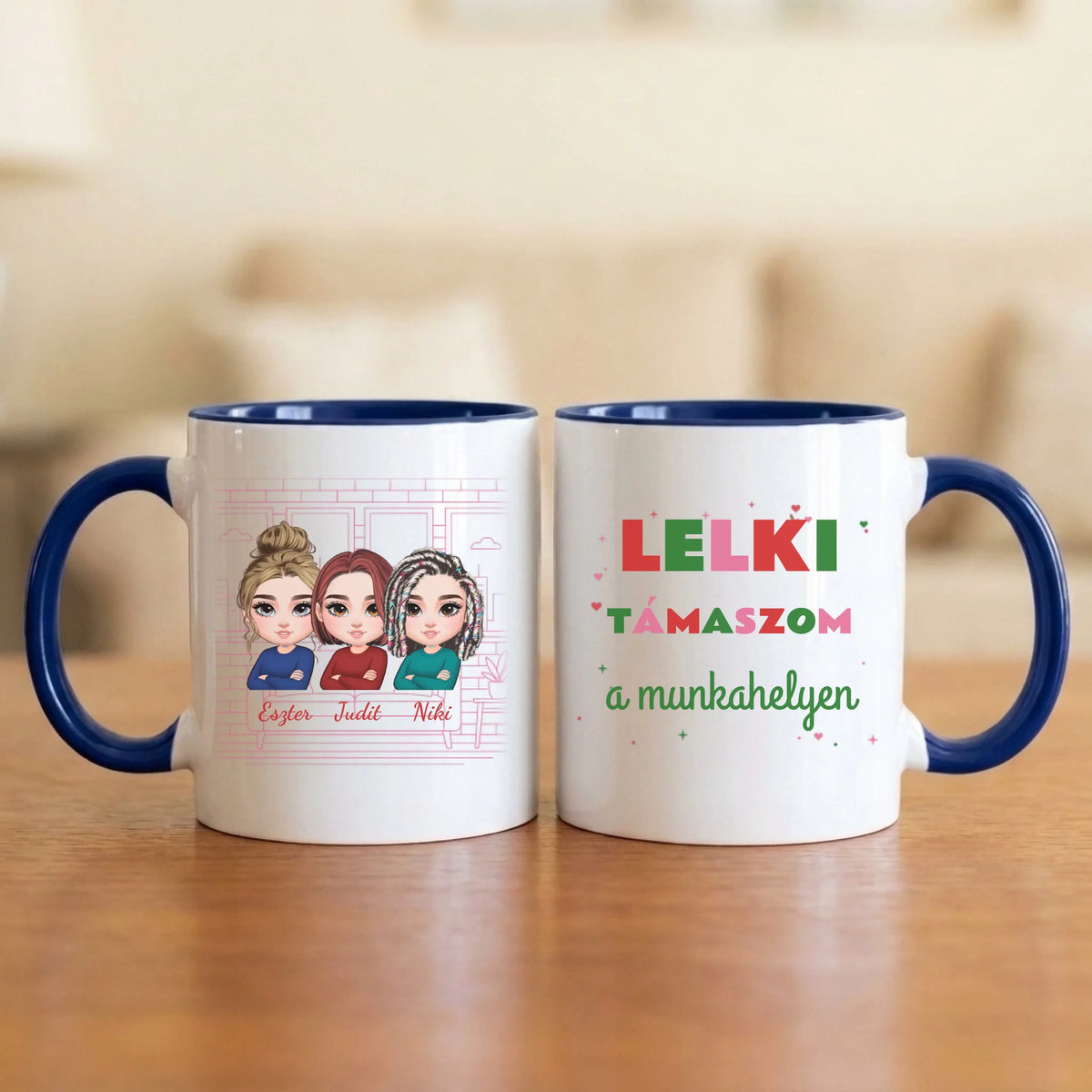 Lelki támaszom a munkahelyen – kolléganős bögre 2–5 figurával és nevekkel