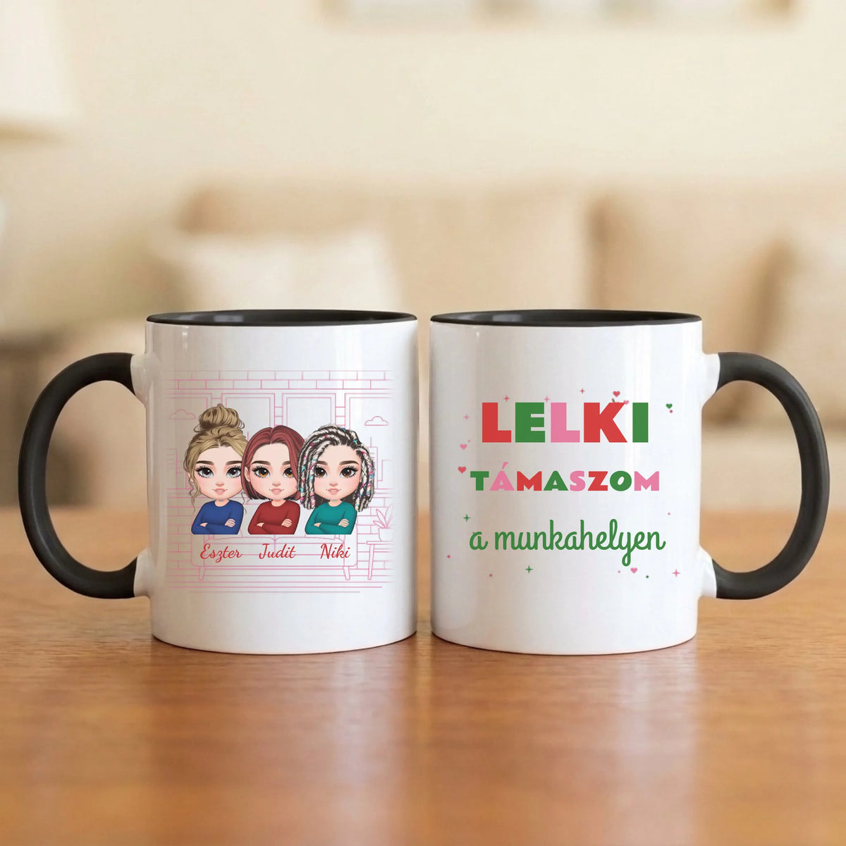 Lelki támaszom a munkahelyen – kolléganős bögre 2–5 figurával és nevekkel