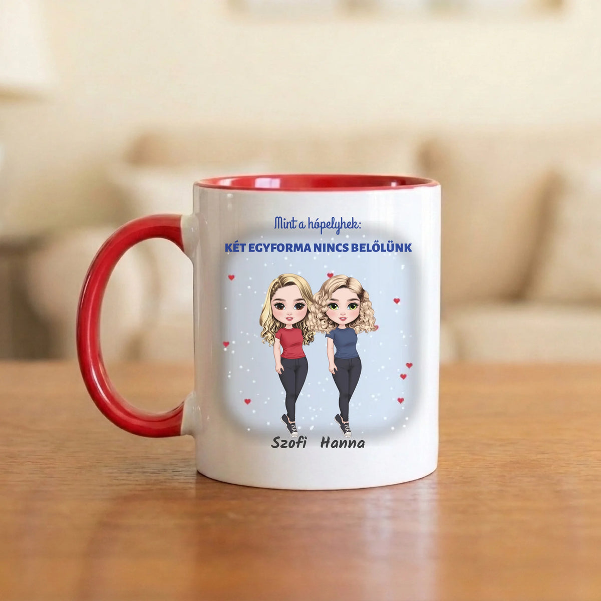 Mint a hópelyhek: két egyforma nincs belőlünk – téli barátnős bögre 2–4 figurával és nevekkel