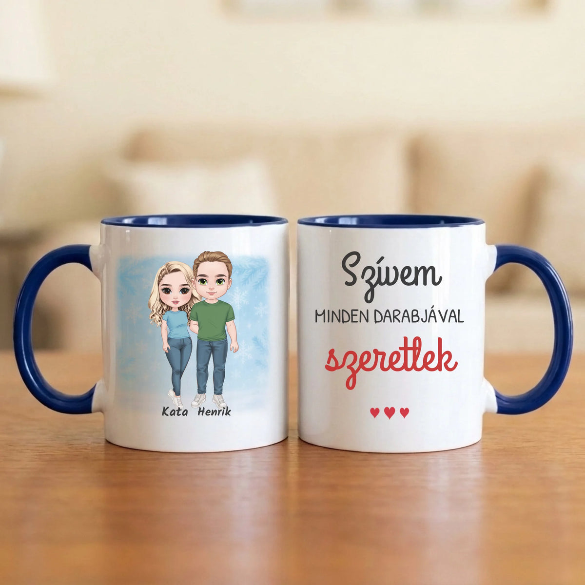 Szívem minden darabjával szeretlek – téli páros bögre két figurával és nevekkel