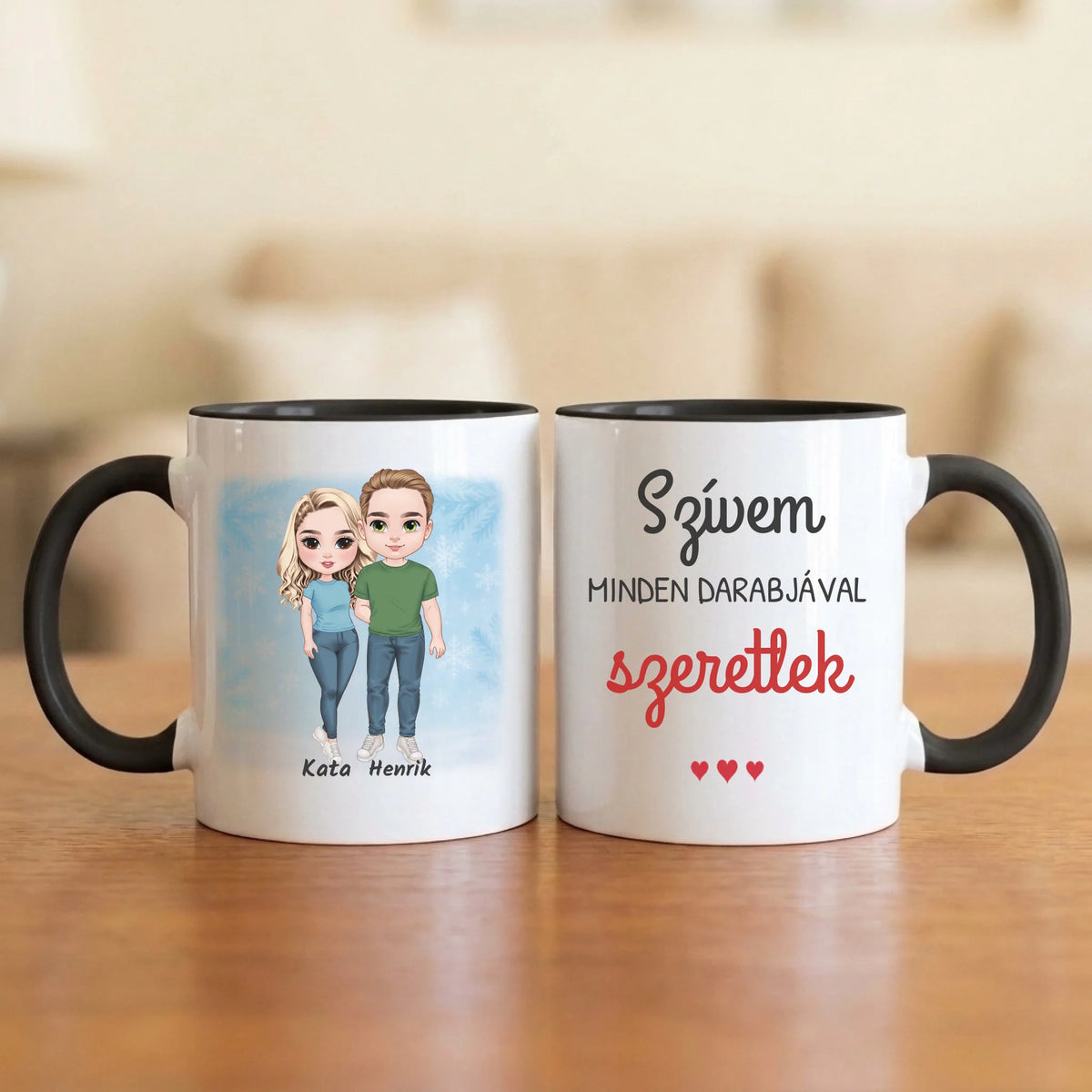 Szívem minden darabjával szeretlek – téli páros bögre két figurával és nevekkel