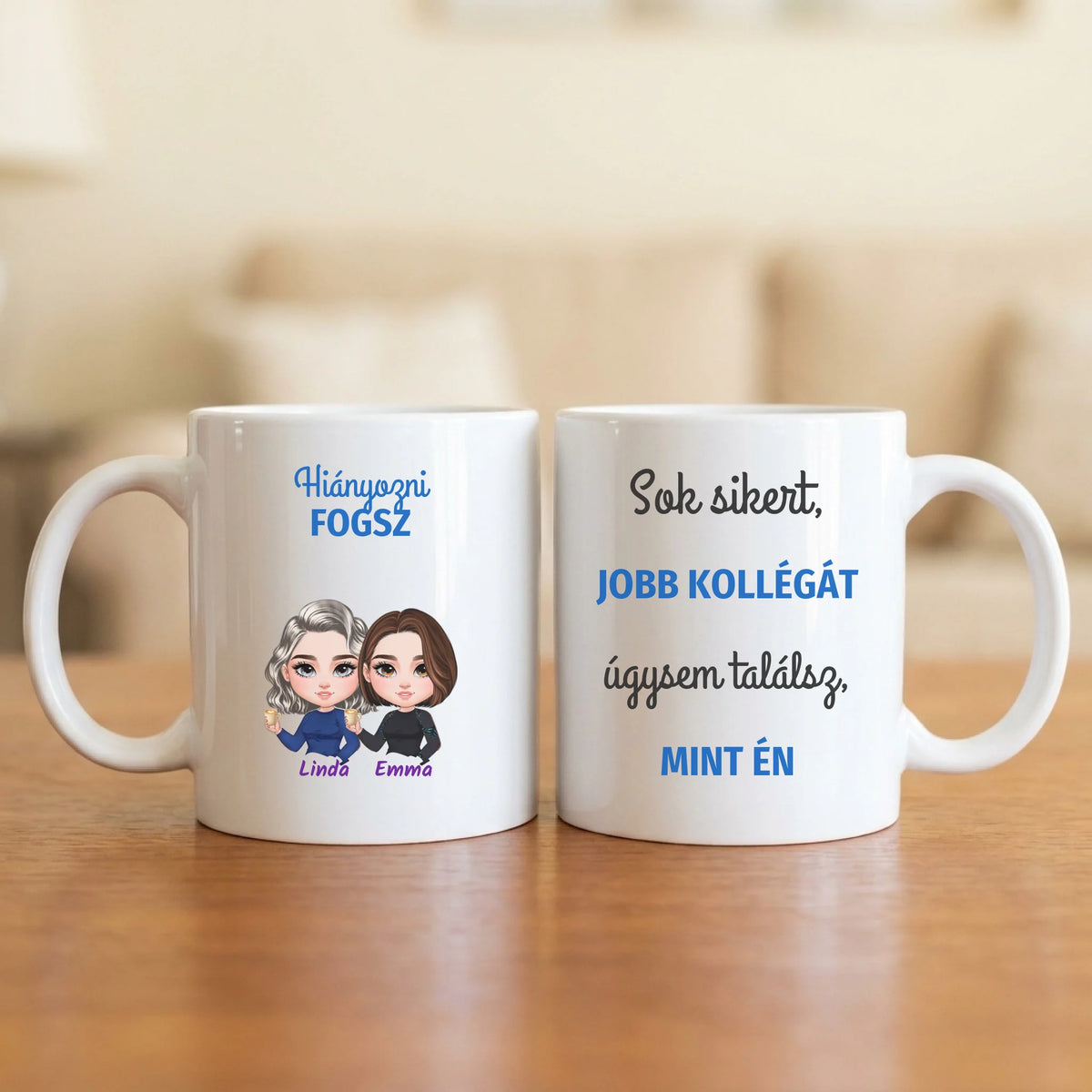 Sok sikert, jobb kollégát úgysem találsz! – búcsúajándék bögre két figurával és nevekkel