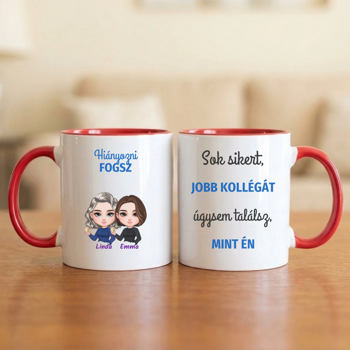Sok sikert, jobb kollégát úgysem találsz! – búcsúajándék bögre két figurával és nevekkel