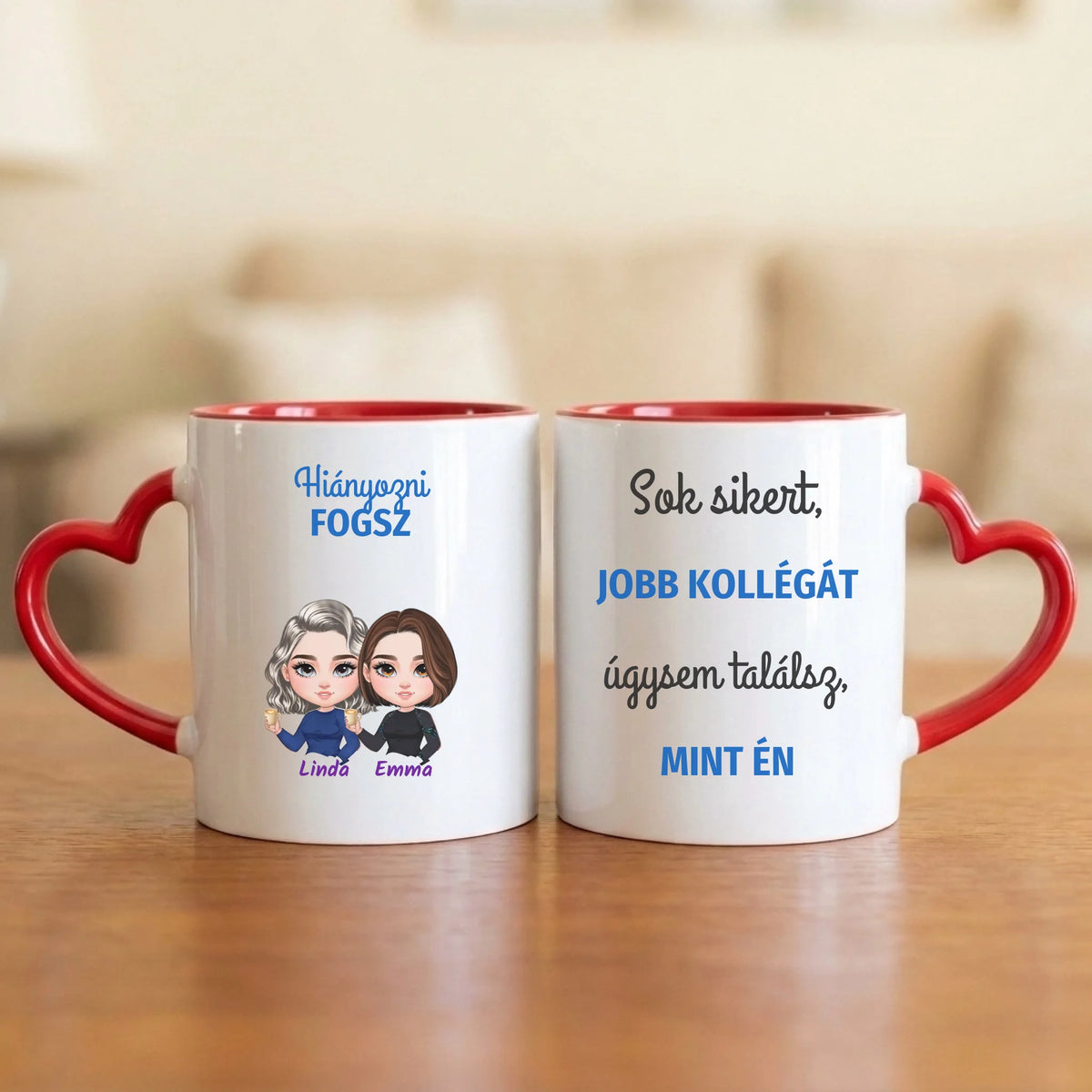 Sok sikert, jobb kollégát úgysem találsz! – búcsúajándék bögre két figurával és nevekkel