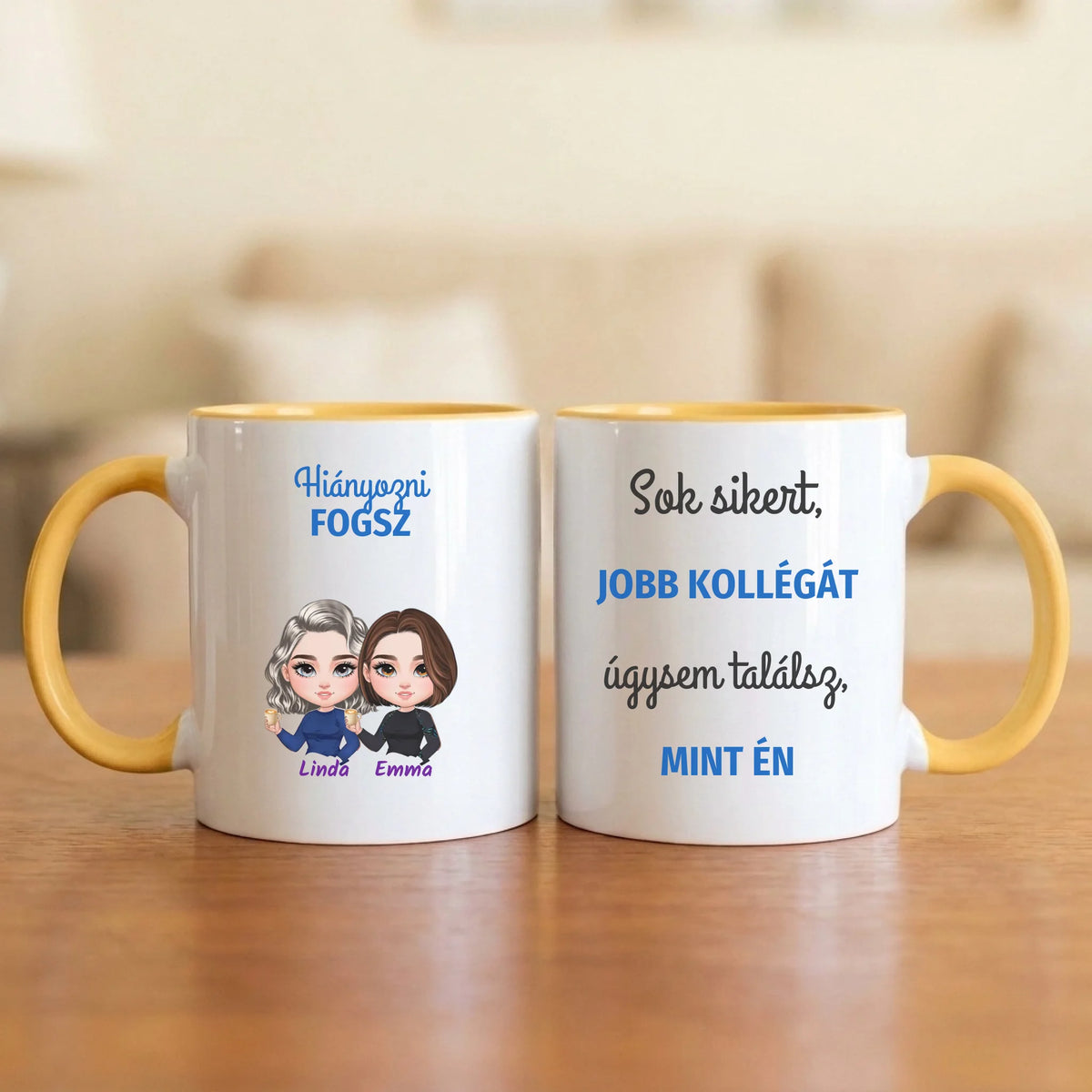 Sok sikert, jobb kollégát úgysem találsz! – búcsúajándék bögre két figurával és nevekkel