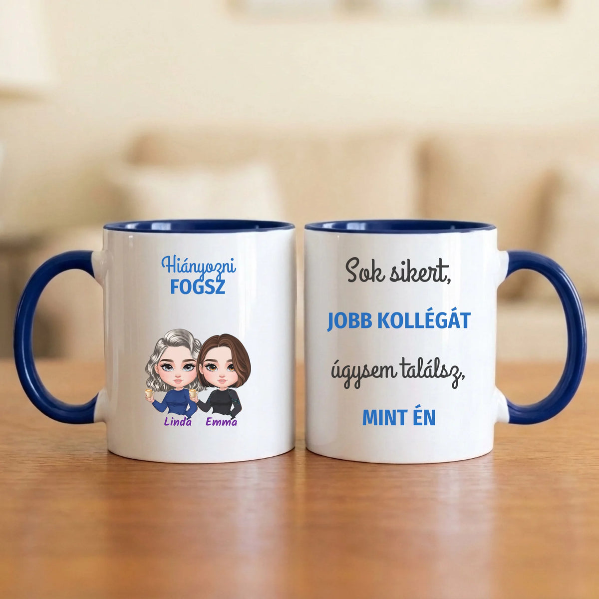 Sok sikert, jobb kollégát úgysem találsz! – búcsúajándék bögre két figurával és nevekkel