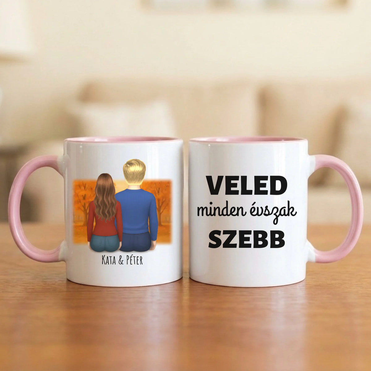 Veled minden évszak szebb – őszi páros bögre hátulról rajzolt párral a parkban