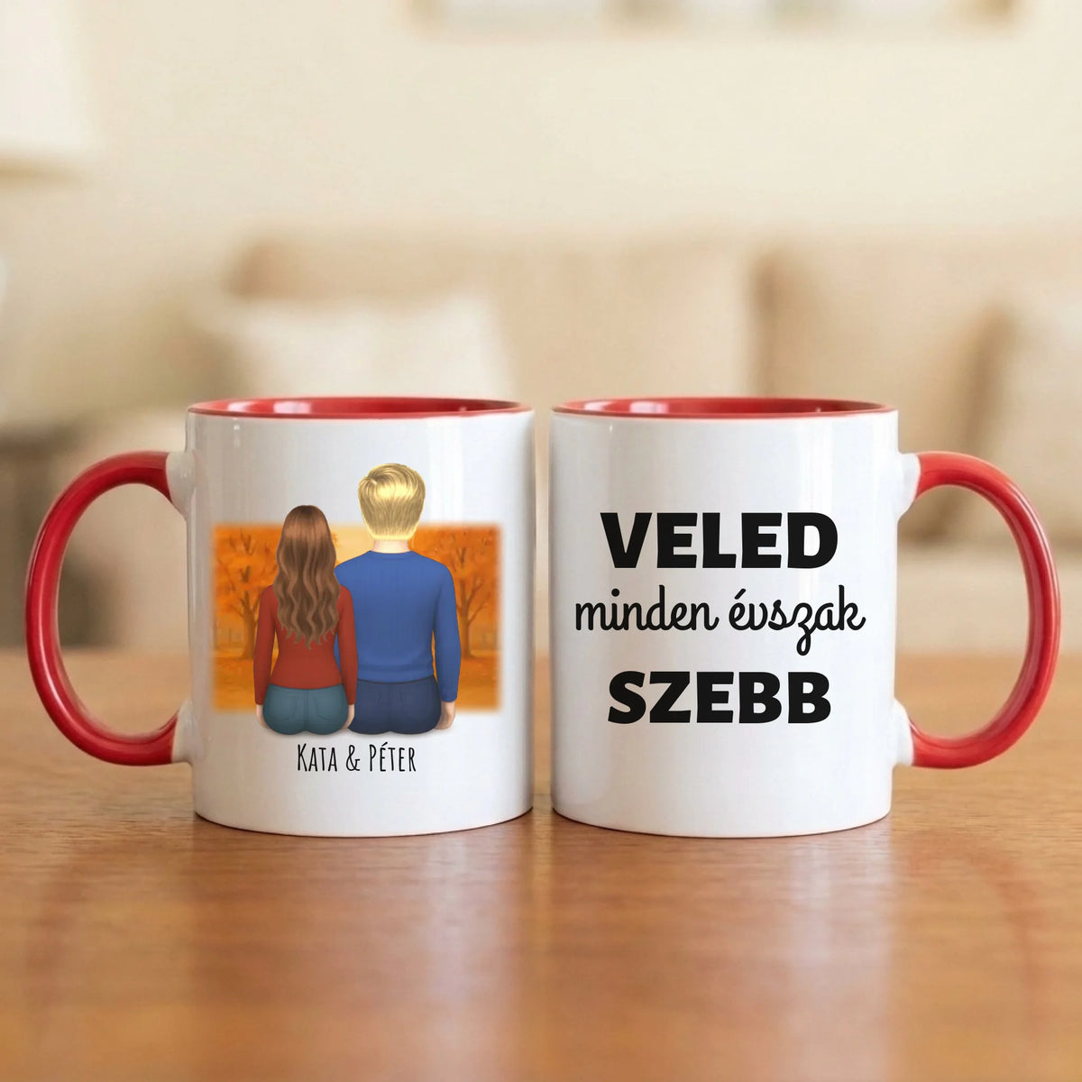 Veled minden évszak szebb – őszi páros bögre hátulról rajzolt párral a parkban