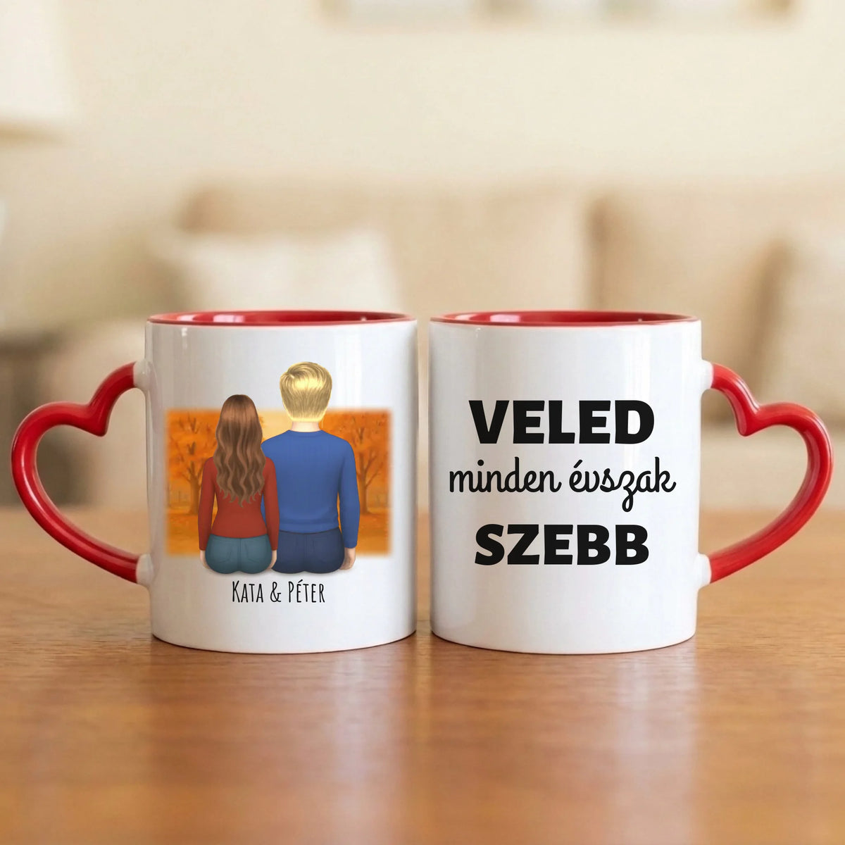 Veled minden évszak szebb – őszi páros bögre hátulról rajzolt párral a parkban