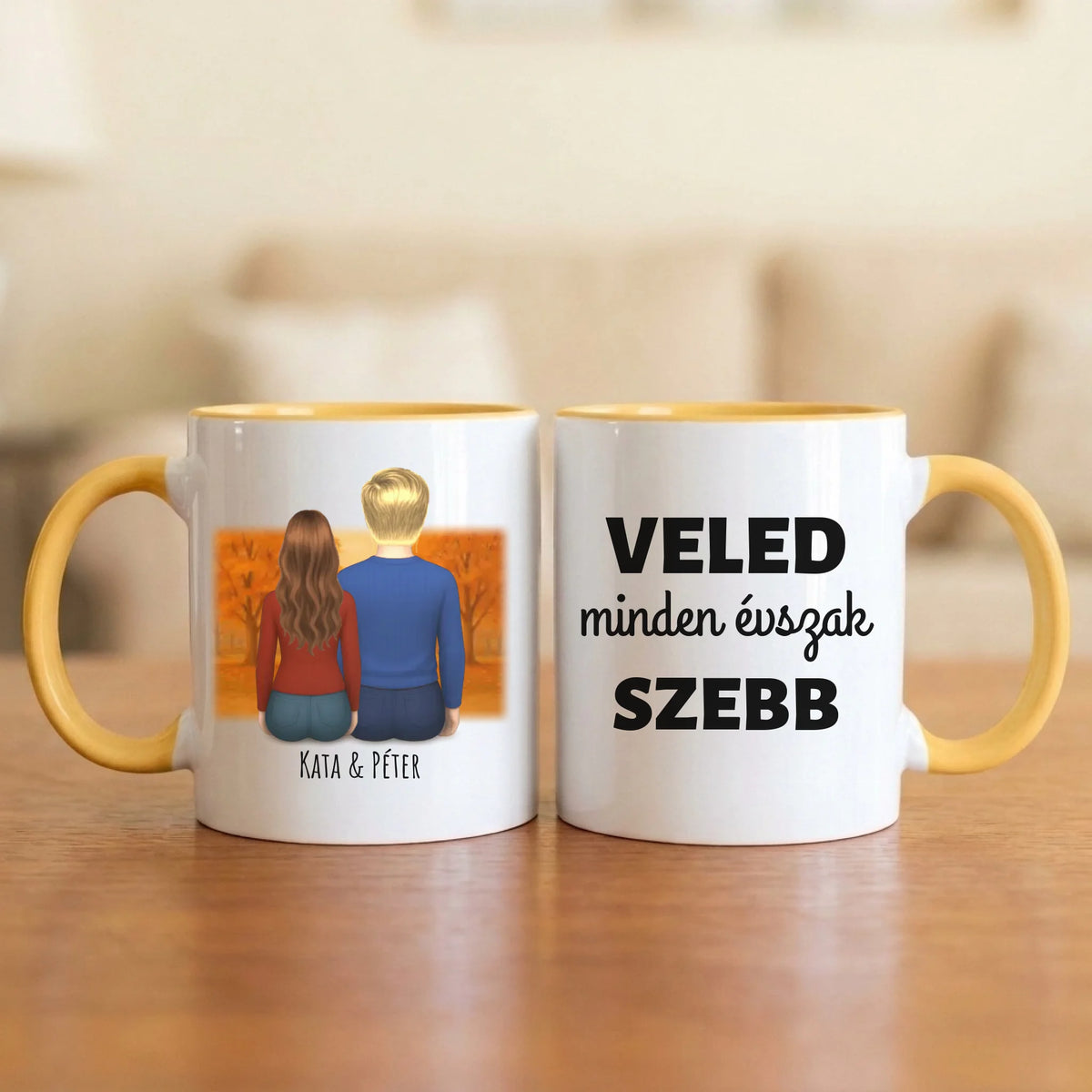 Veled minden évszak szebb – őszi páros bögre hátulról rajzolt párral a parkban