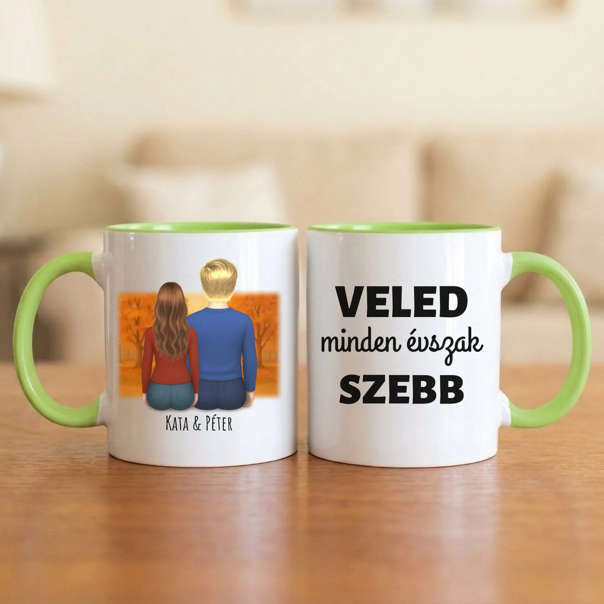 Veled minden évszak szebb – őszi páros bögre hátulról rajzolt párral a parkban