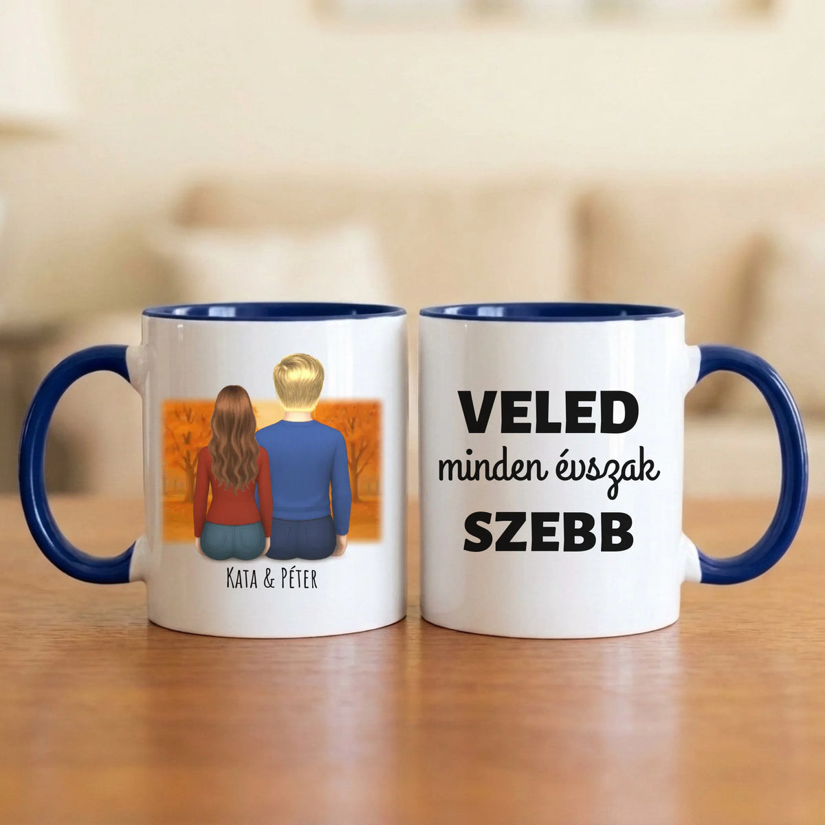 Veled minden évszak szebb – őszi páros bögre hátulról rajzolt párral a parkban