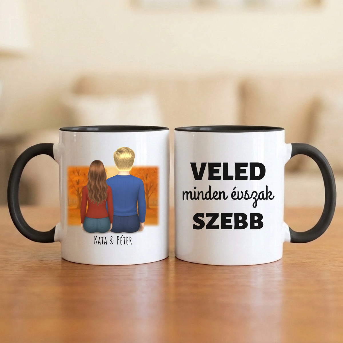 Veled minden évszak szebb – őszi páros bögre hátulról rajzolt párral a parkban