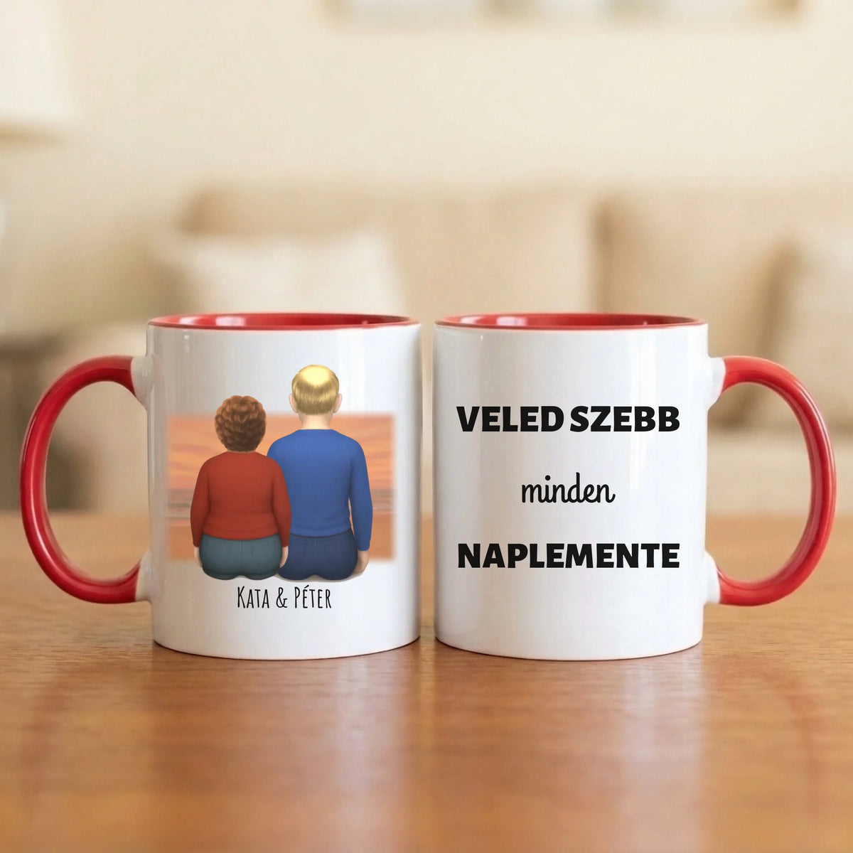 Veled szebb minden naplemente – idős páros bögre hátulról rajzolt nagymamával és nagypapával, naplementében