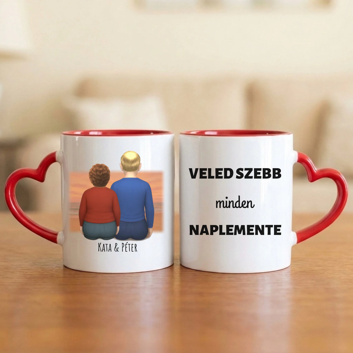 Veled szebb minden naplemente – idős páros bögre hátulról rajzolt nagymamával és nagypapával, naplementében