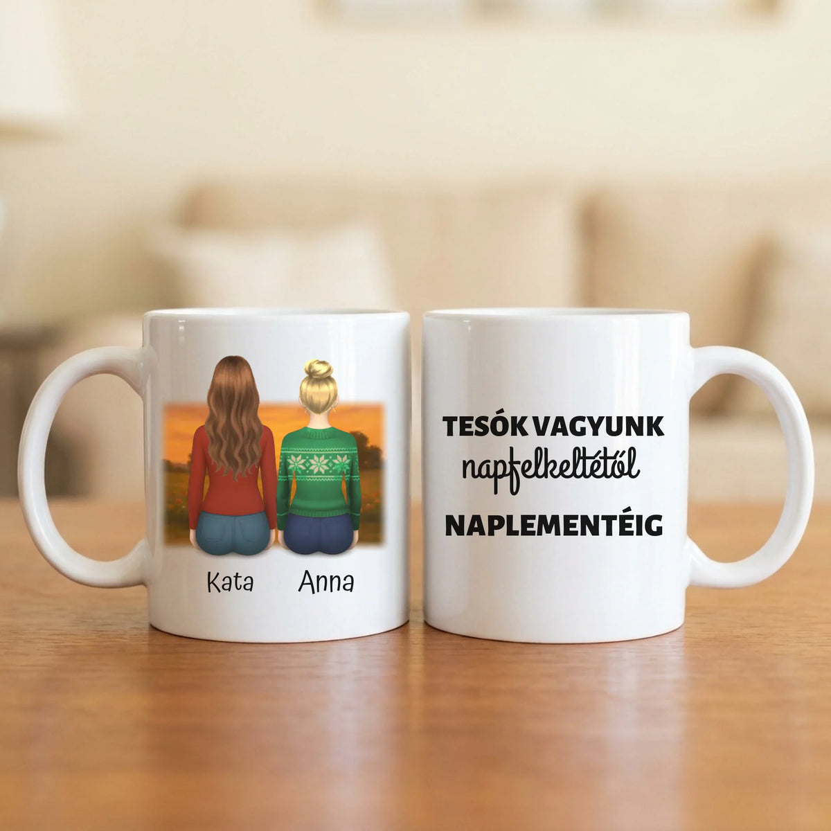 Tesók vagyunk, napfelkeltétől naplementéig – tesós bögre 2–5 hátulról rajzolt nővel naplementében