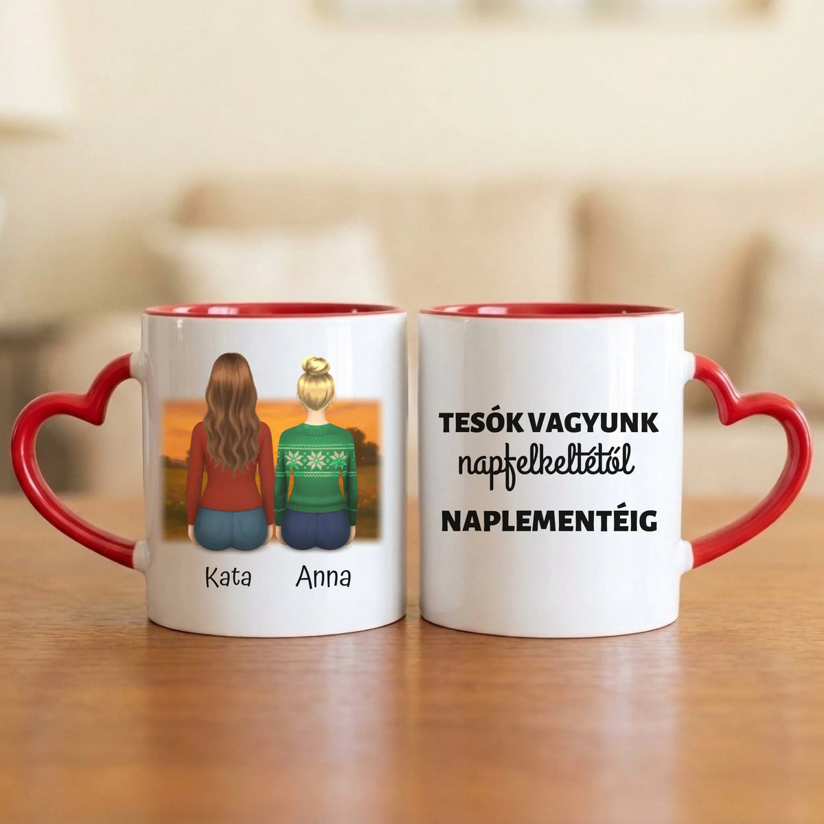 Tesók vagyunk, napfelkeltétől naplementéig – tesós bögre 2–5 hátulról rajzolt nővel naplementében