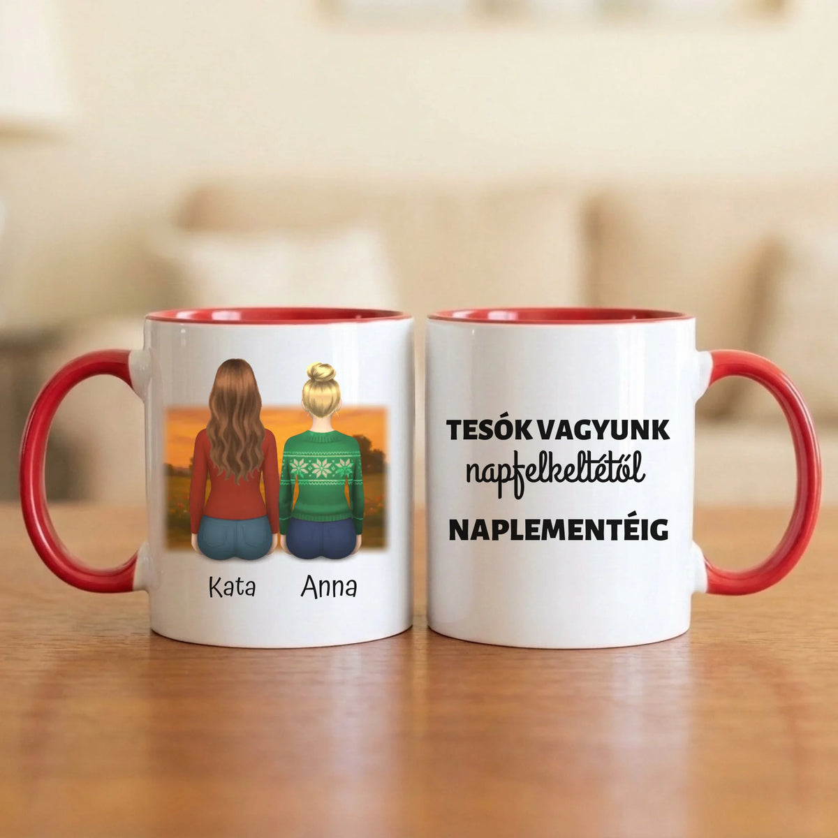 Tesók vagyunk, napfelkeltétől naplementéig – tesós bögre 2–5 hátulról rajzolt nővel naplementében