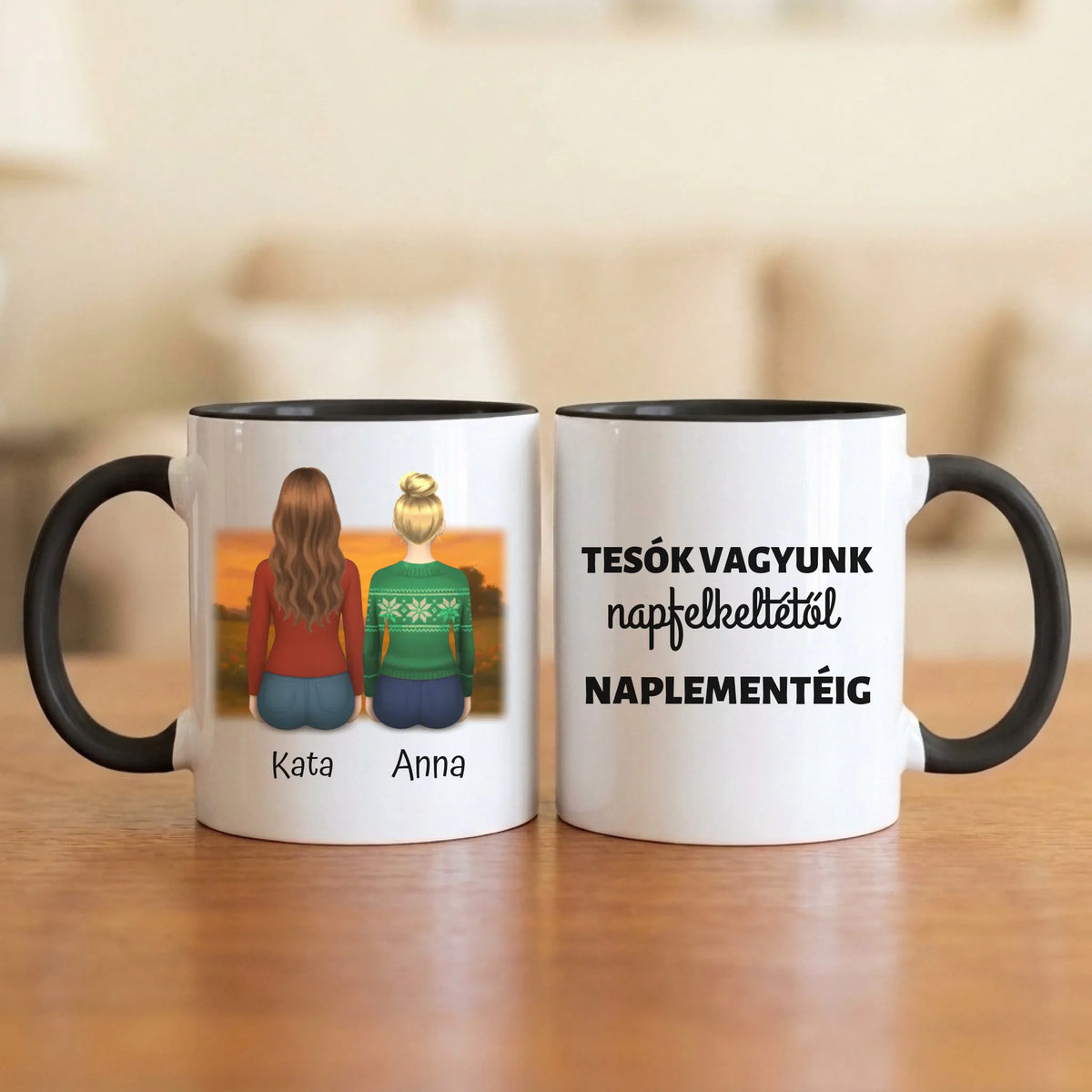 Tesók vagyunk, napfelkeltétől naplementéig – tesós bögre 2–5 hátulról rajzolt nővel naplementében