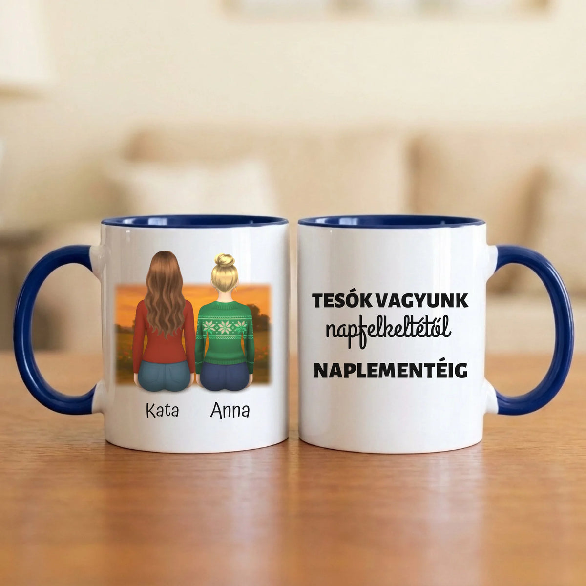 Tesók vagyunk, napfelkeltétől naplementéig – tesós bögre 2–5 hátulról rajzolt nővel naplementében