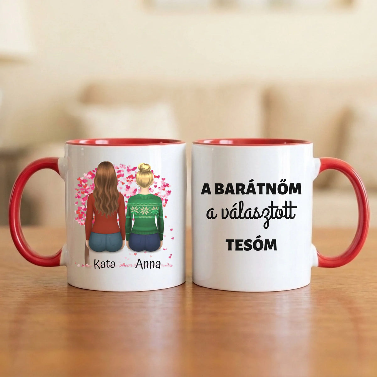 A barátnőm a választott tesóm – barátnős bögre 2–5 hátulról rajzolt nővel a szívfa alatt