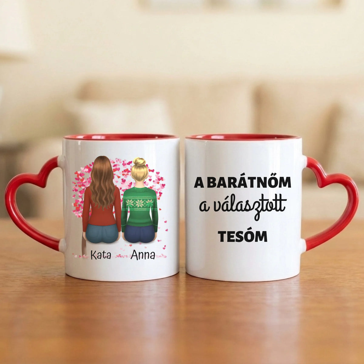 A barátnőm a választott tesóm – barátnős bögre 2–5 hátulról rajzolt nővel a szívfa alatt