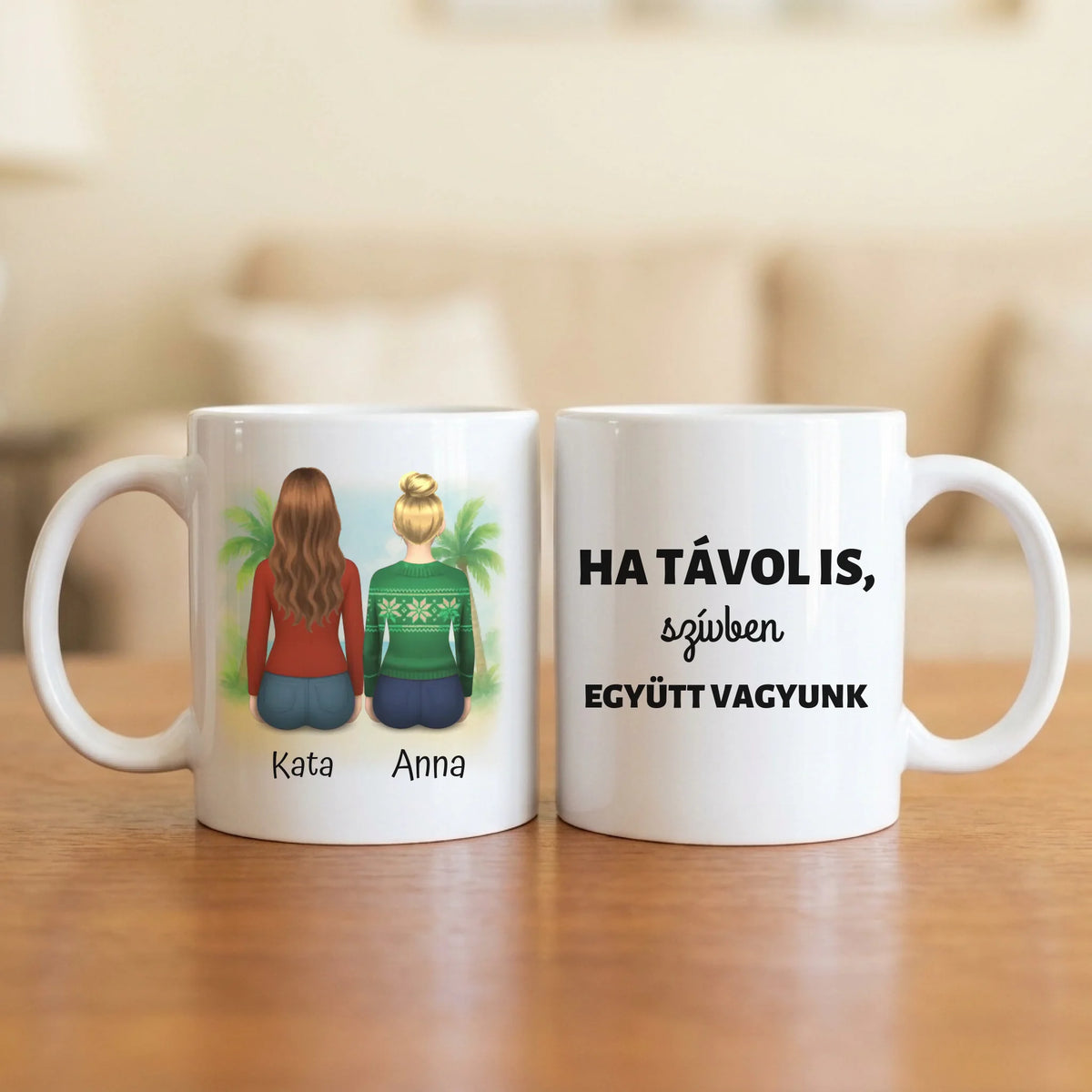 Ha távol is, szívben együtt vagyunk – barátnős bögre 2–4 hátulról rajzolt nővel a tengerparton