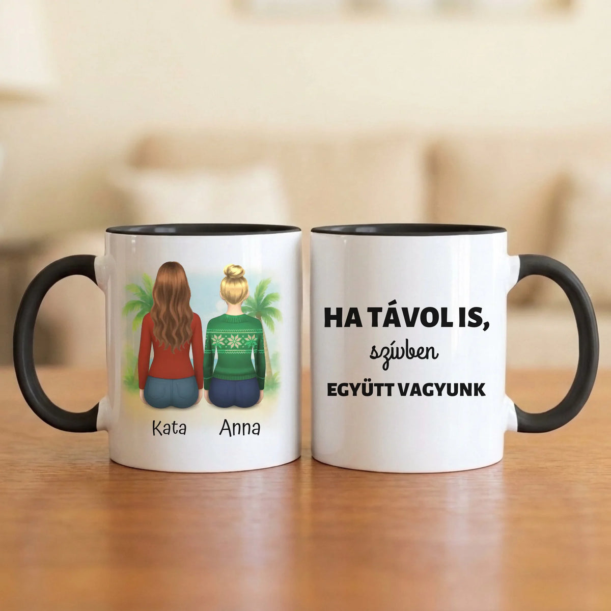 Ha távol is, szívben együtt vagyunk – barátnős bögre 2–4 hátulról rajzolt nővel a tengerparton