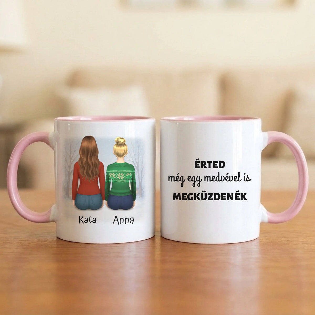 Érted még egy medvével is megküzdenék – barátnős bögre 2–7 hátulról rajzolt figurával és nevekkel