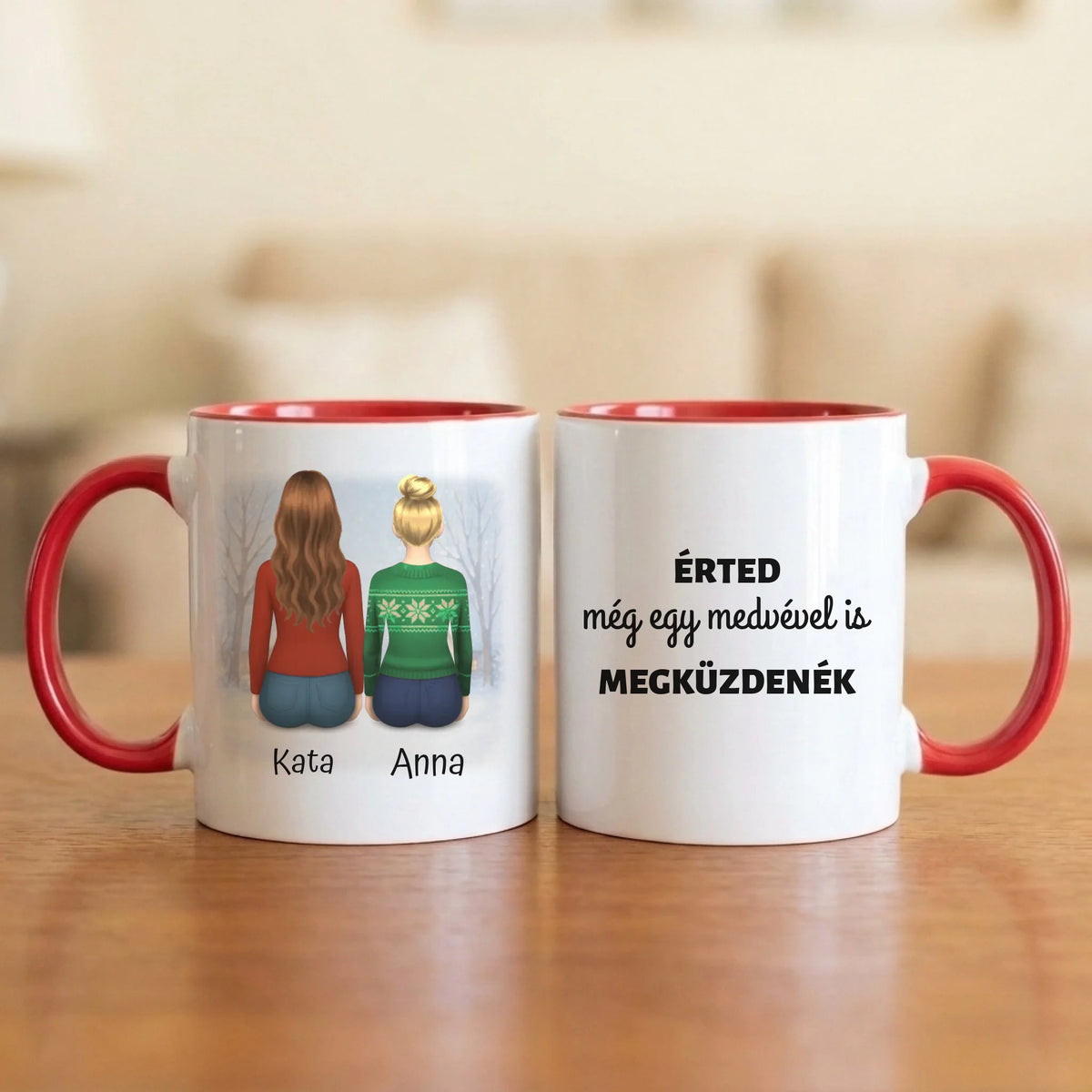 Érted még egy medvével is megküzdenék – barátnős bögre 2–7 hátulról rajzolt figurával és nevekkel