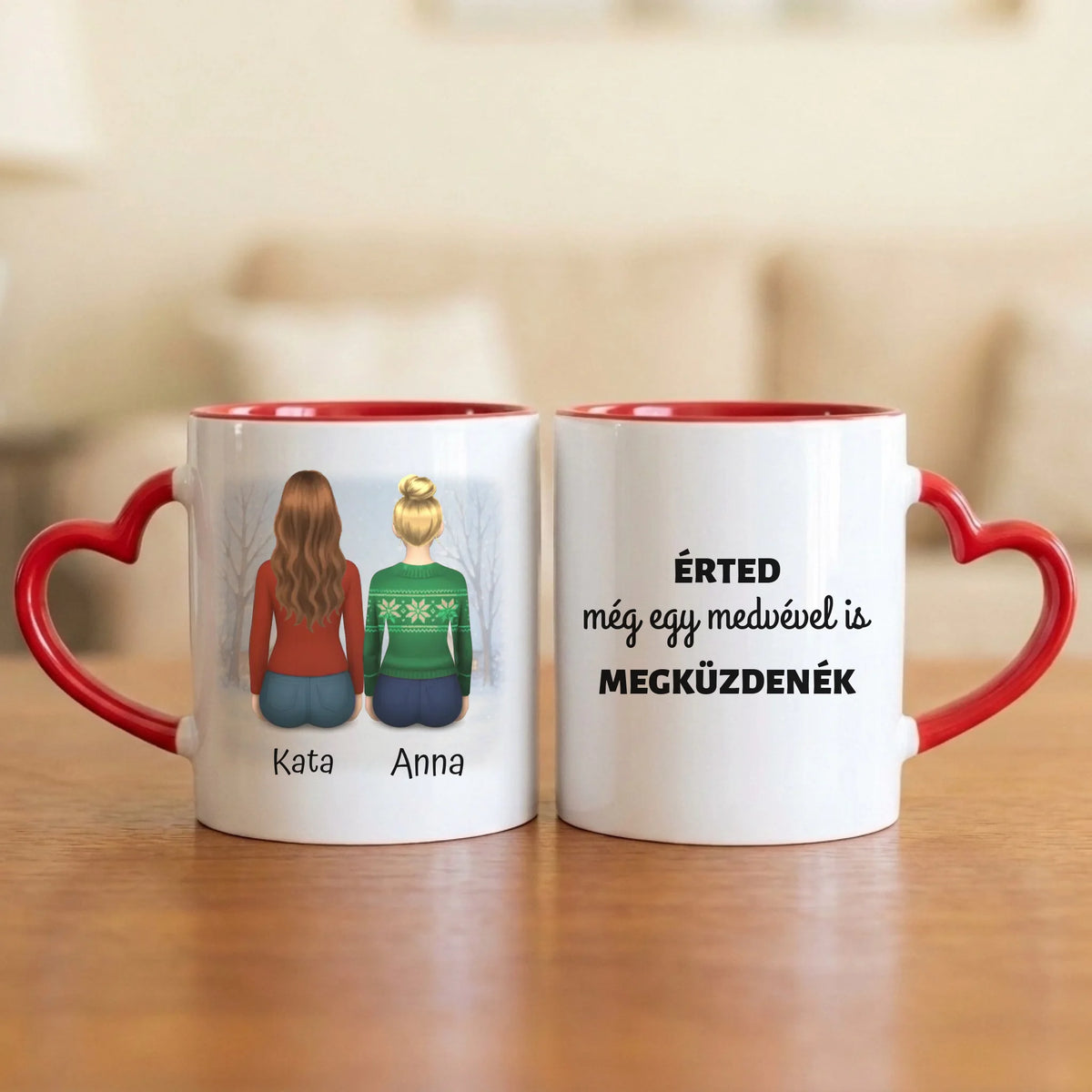 Érted még egy medvével is megküzdenék – barátnős bögre 2–7 hátulról rajzolt figurával és nevekkel