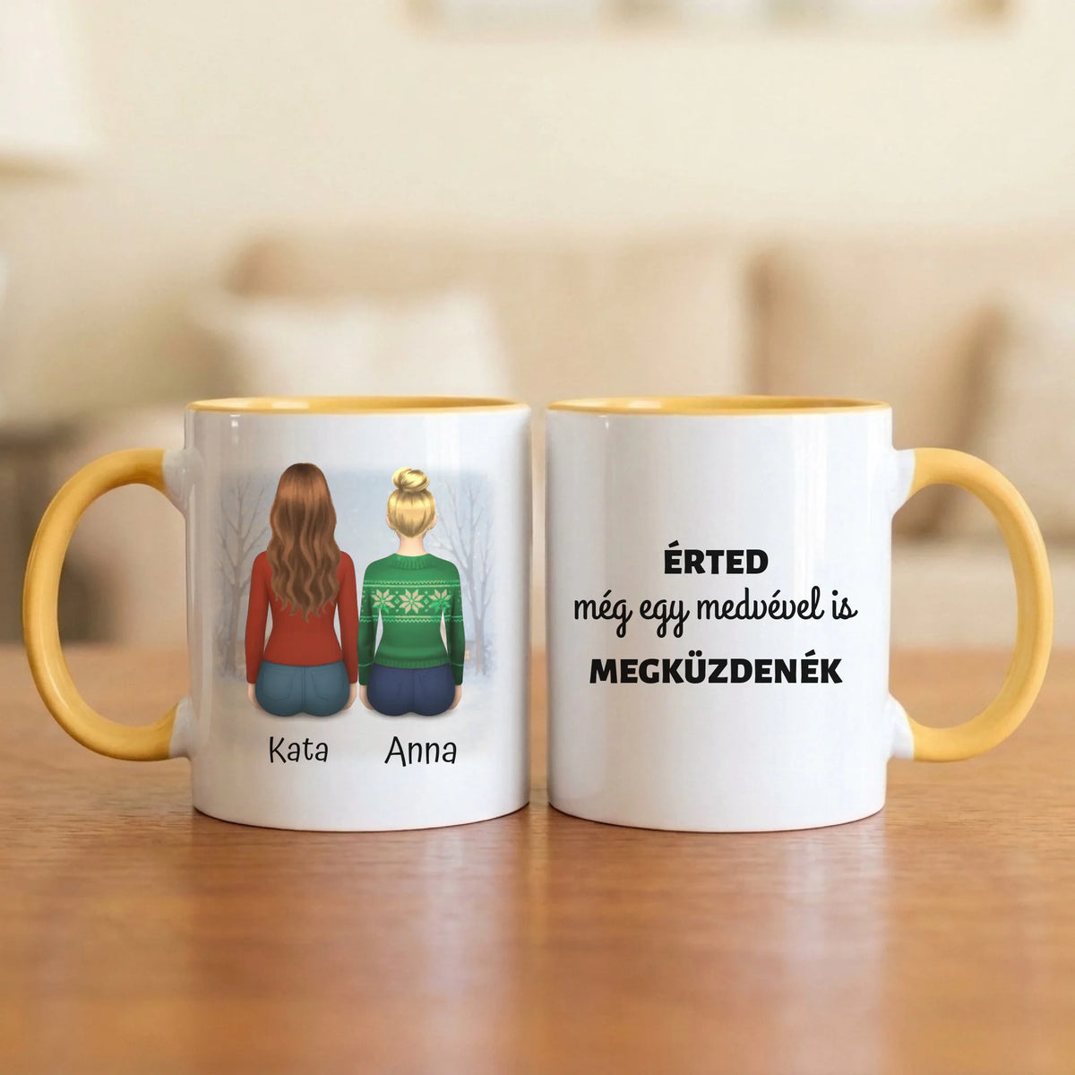 Érted még egy medvével is megküzdenék – barátnős bögre 2–7 hátulról rajzolt figurával és nevekkel