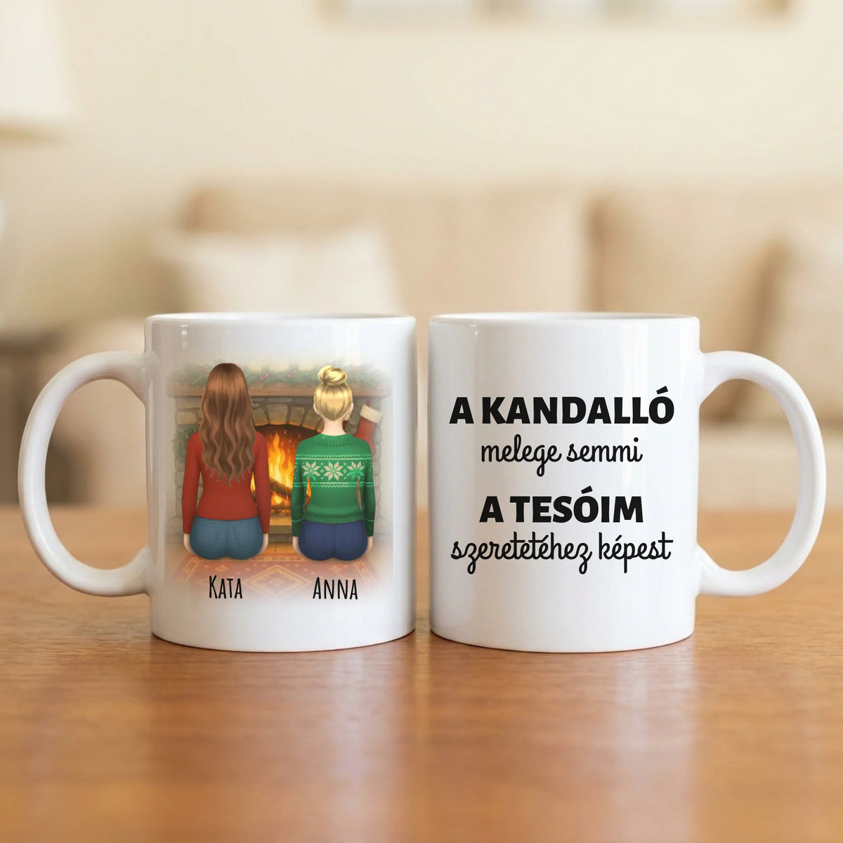 A kandalló melege semmi a tesóim szeretetéhez képest – tesós bögre 2–5 hátulról rajzolt nővel a kandalló előtt