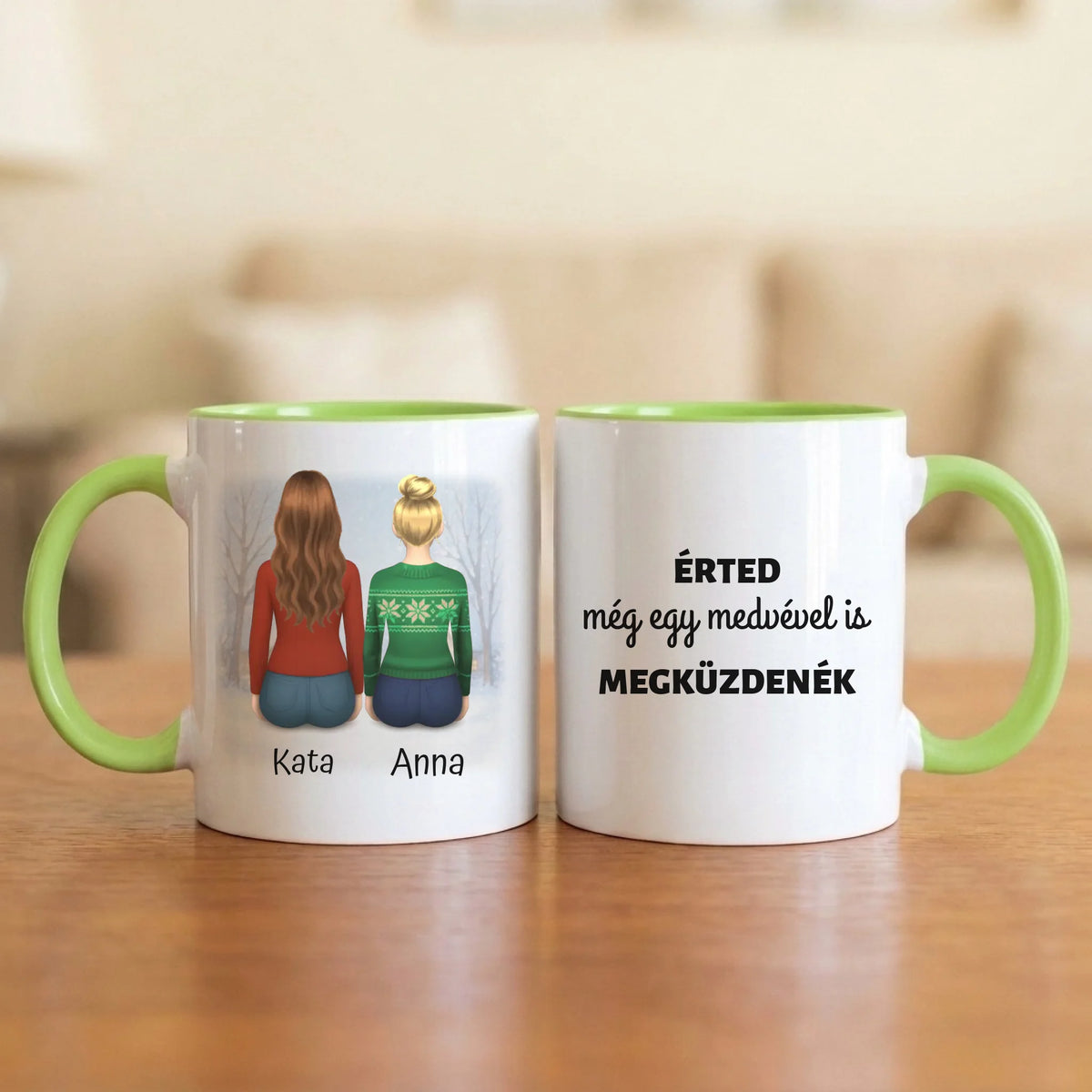 Érted még egy medvével is megküzdenék – barátnős bögre 2–7 hátulról rajzolt figurával és nevekkel