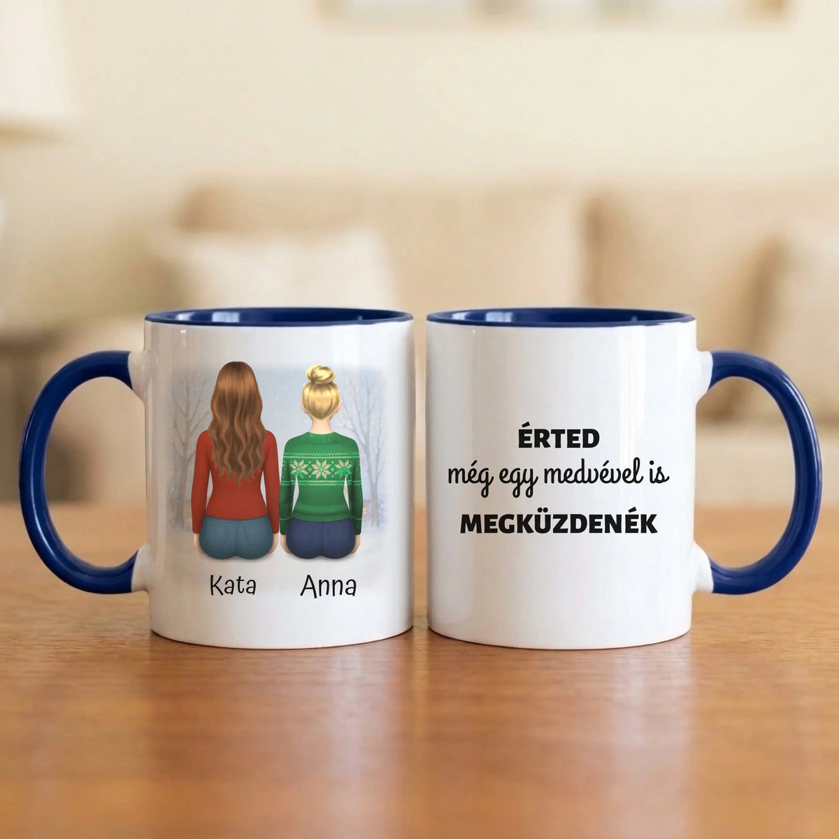 Érted még egy medvével is megküzdenék – barátnős bögre 2–7 hátulról rajzolt figurával és nevekkel