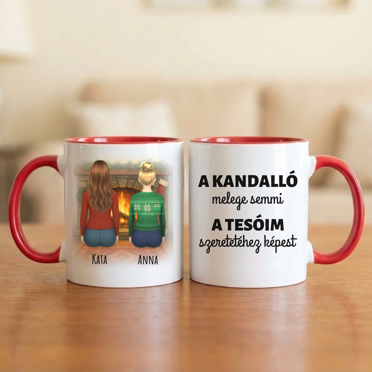 A kandalló melege semmi a tesóim szeretetéhez képest – tesós bögre 2–5 hátulról rajzolt nővel a kandalló előtt