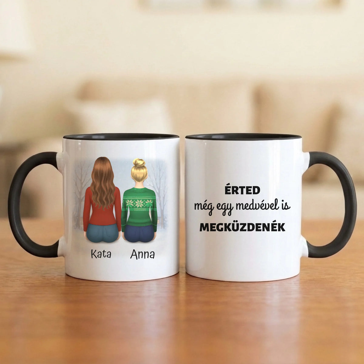 Érted még egy medvével is megküzdenék – barátnős bögre 2–7 hátulról rajzolt figurával és nevekkel