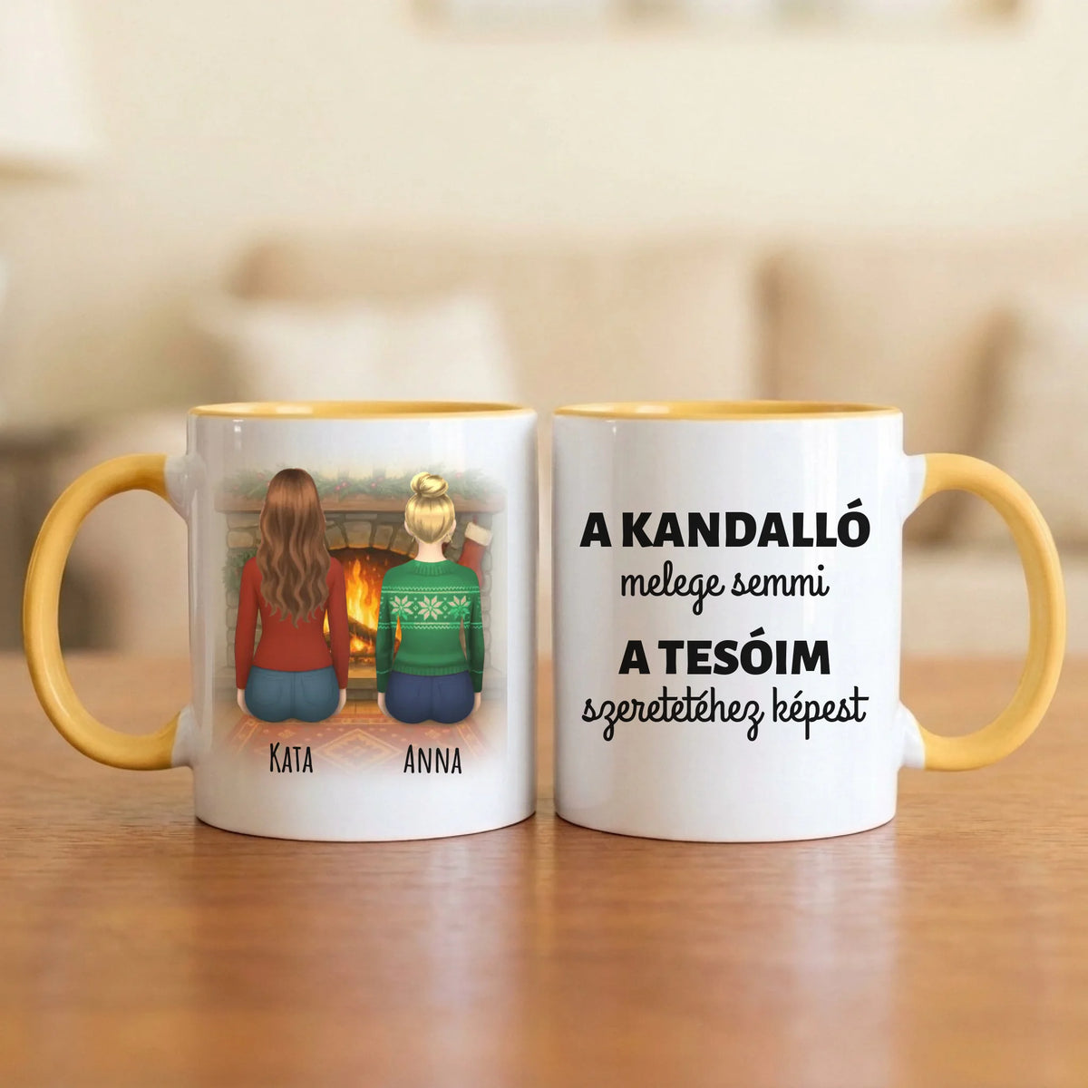 A kandalló melege semmi a tesóim szeretetéhez képest – tesós bögre 2–5 hátulról rajzolt nővel a kandalló előtt