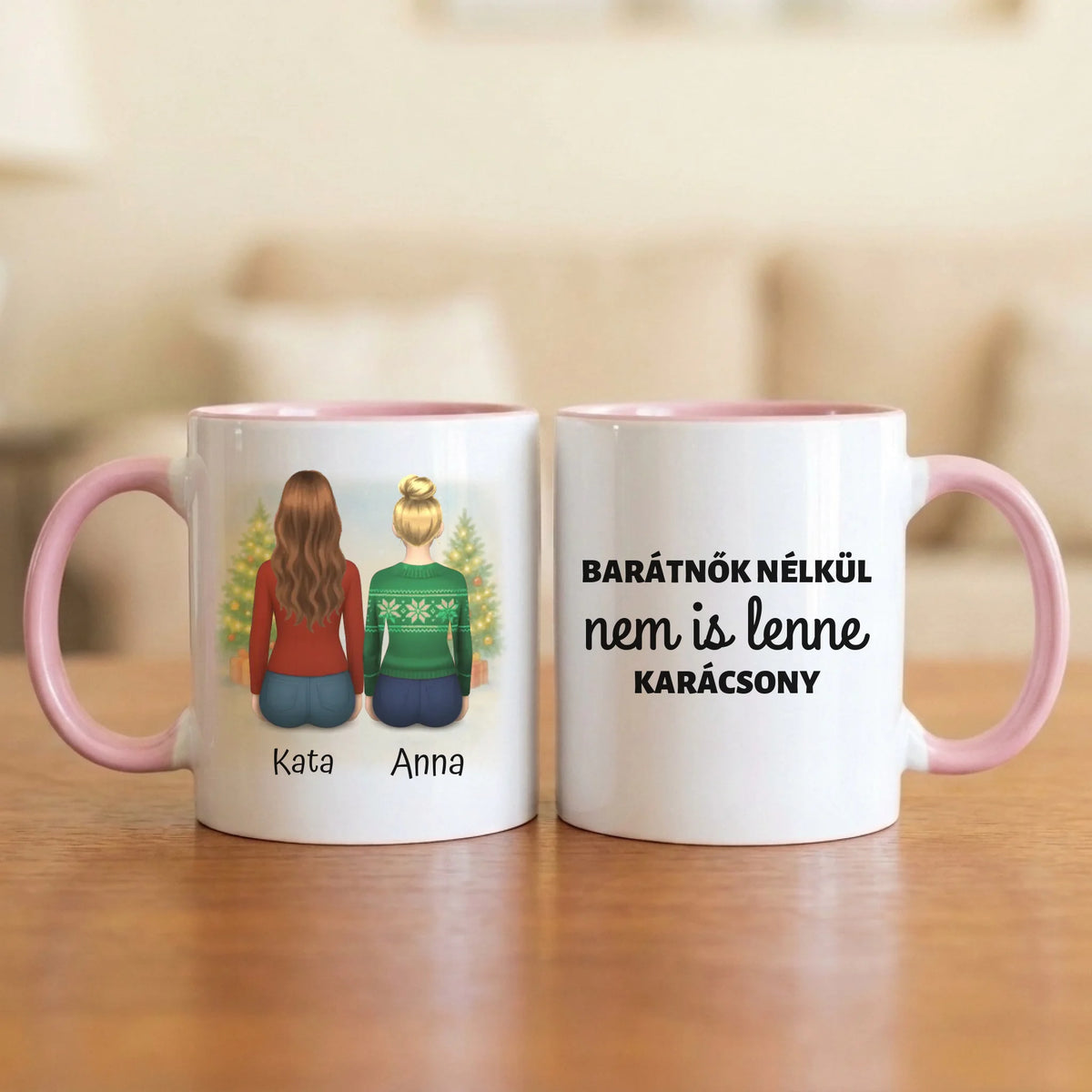 Barátnők nélkül nem is lenne karácsony – karácsonyi barátnős bögre 2–4 hátulról rajzolt nővel, havas fenyőkkel