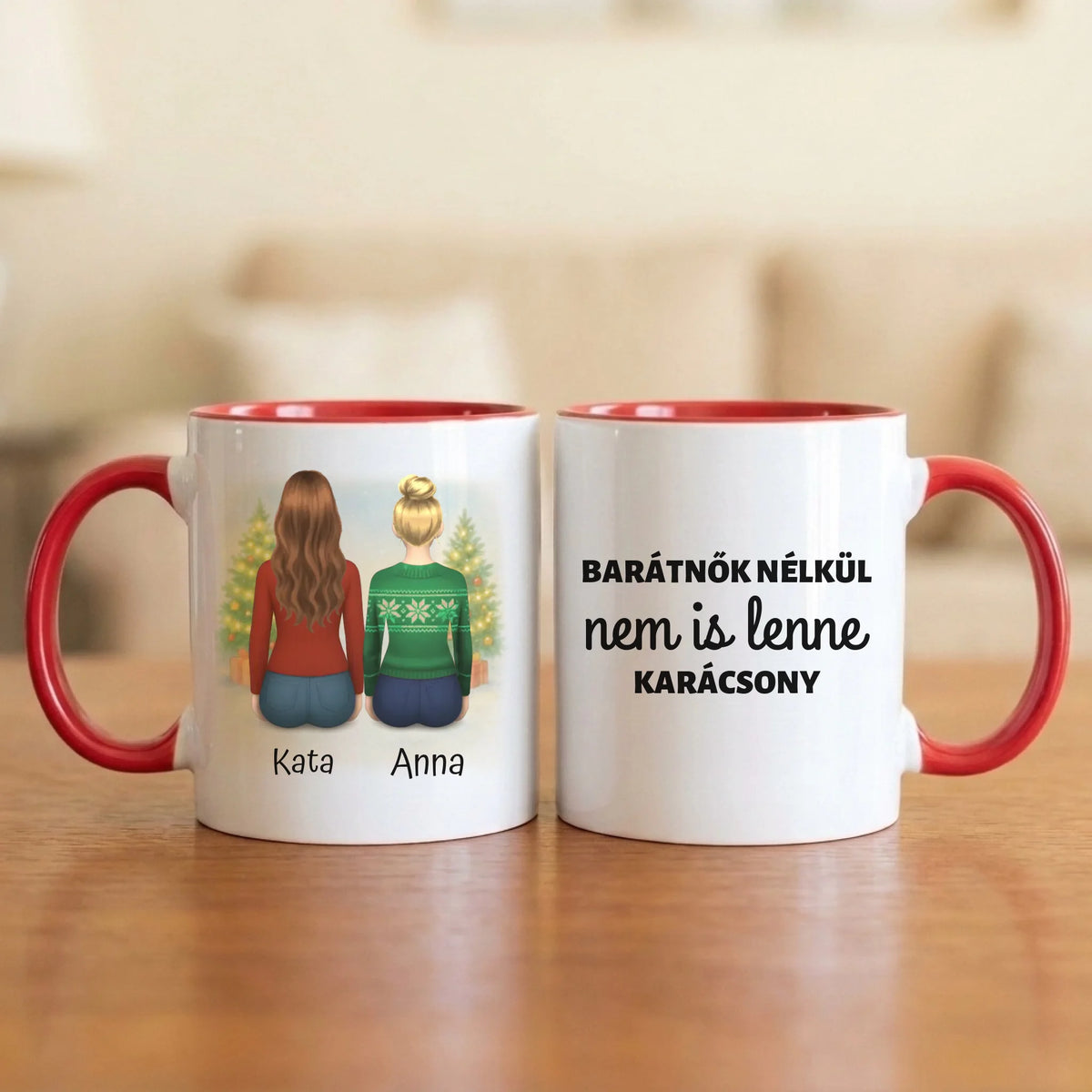 Barátnők nélkül nem is lenne karácsony – karácsonyi barátnős bögre 2–4 hátulról rajzolt nővel, havas fenyőkkel