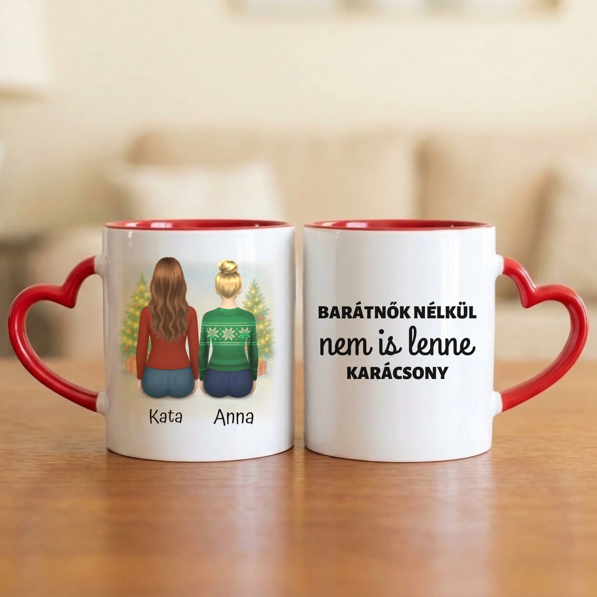 Barátnők nélkül nem is lenne karácsony – karácsonyi barátnős bögre 2–4 hátulról rajzolt nővel, havas fenyőkkel