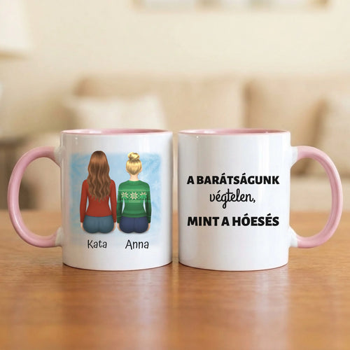 A barátságunk végtelen – téli barátnős bögre 2–4 hátulról rajzolt nővel, hópelyhes háttérrel