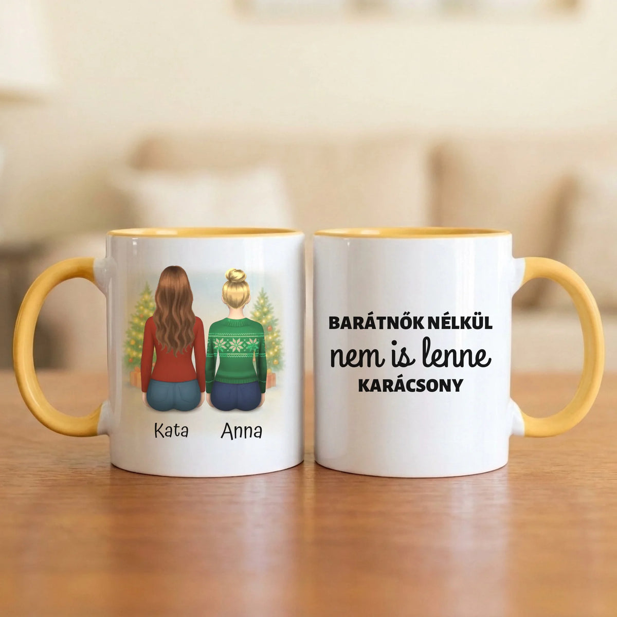 Barátnők nélkül nem is lenne karácsony – karácsonyi barátnős bögre 2–4 hátulról rajzolt nővel, havas fenyőkkel
