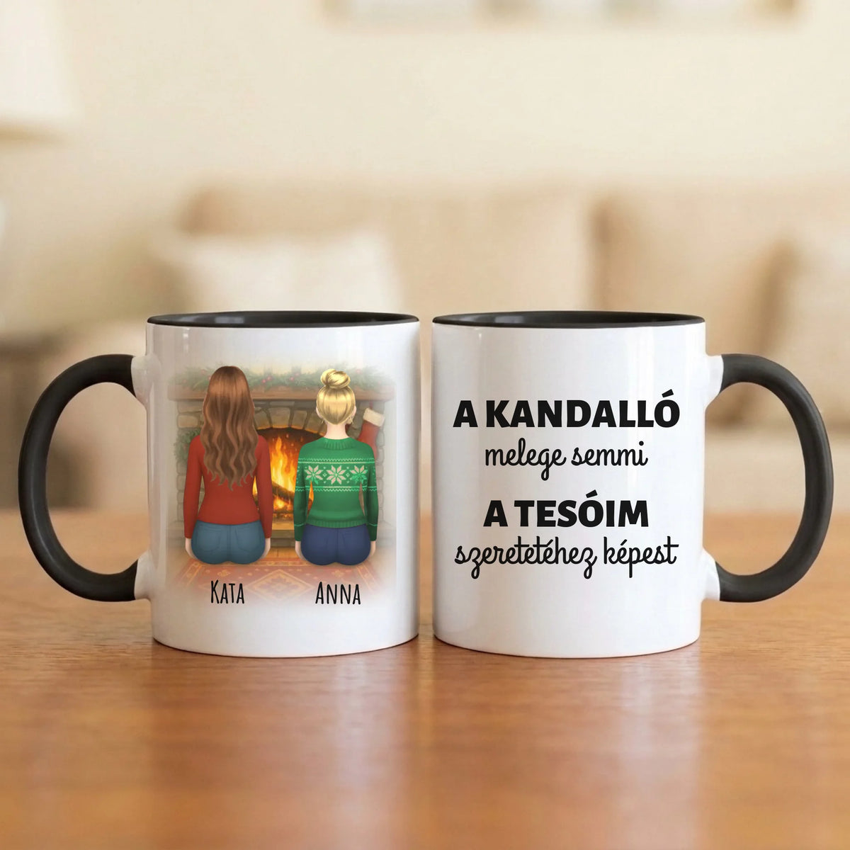 A kandalló melege semmi a tesóim szeretetéhez képest – tesós bögre 2–5 hátulról rajzolt nővel a kandalló előtt