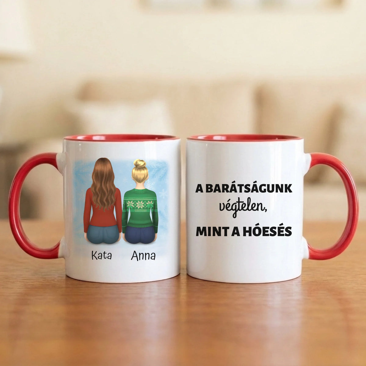 A barátságunk végtelen – téli barátnős bögre 2–4 hátulról rajzolt nővel, hópelyhes háttérrel