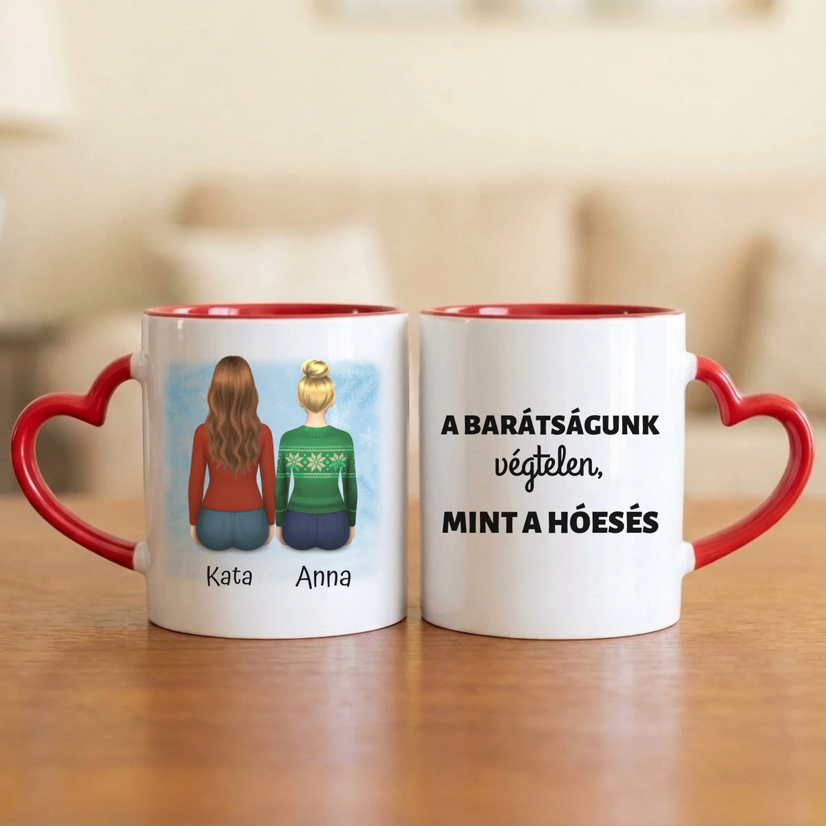 A barátságunk végtelen – téli barátnős bögre 2–4 hátulról rajzolt nővel, hópelyhes háttérrel