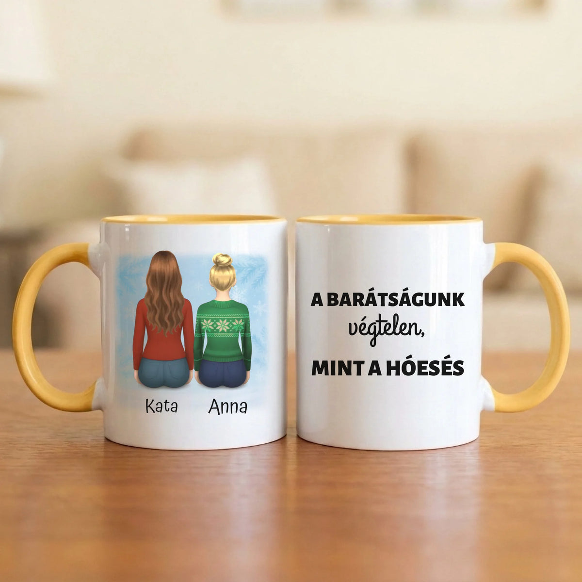 A barátságunk végtelen – téli barátnős bögre 2–4 hátulról rajzolt nővel, hópelyhes háttérrel