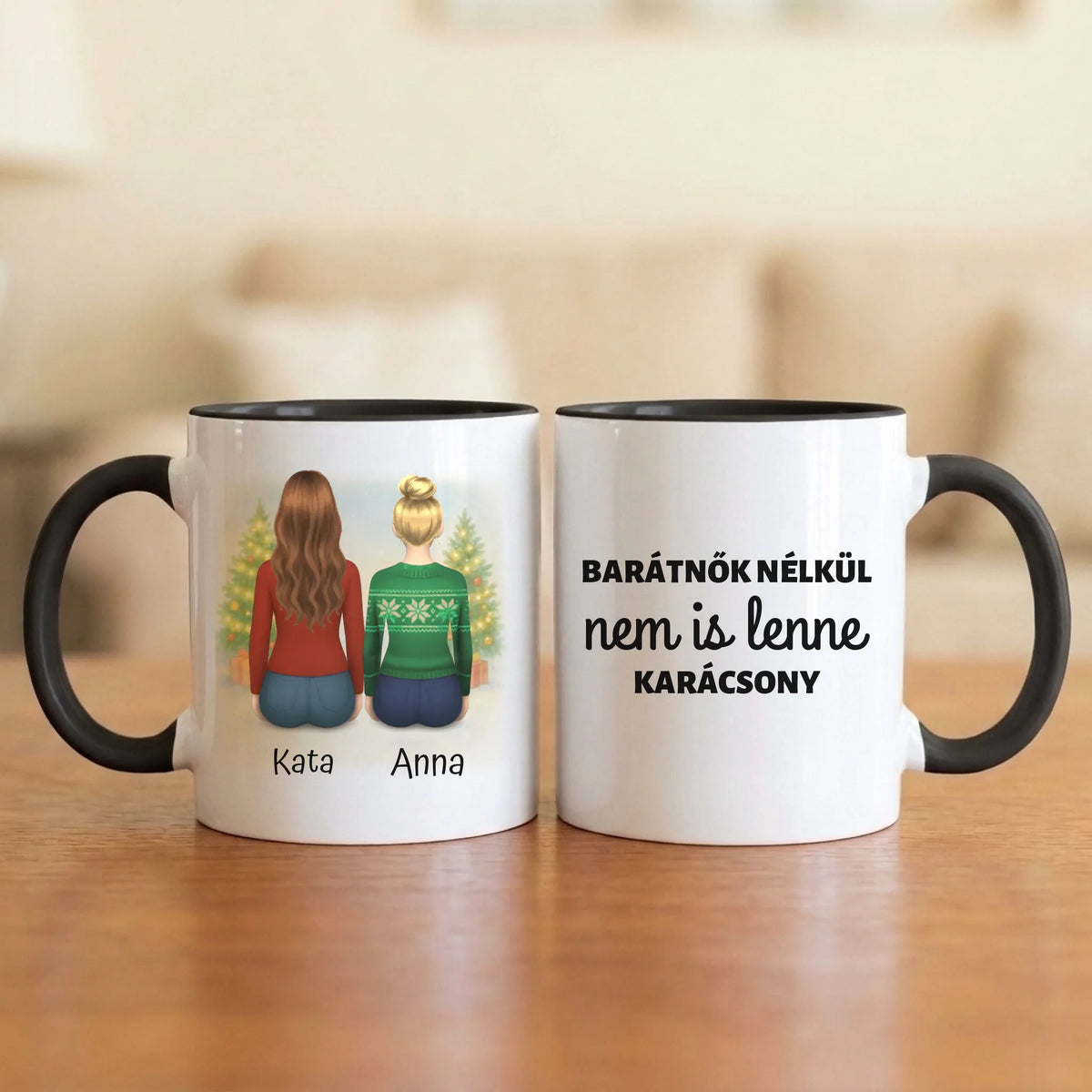 Barátnők nélkül nem is lenne karácsony – karácsonyi barátnős bögre 2–4 hátulról rajzolt nővel, havas fenyőkkel